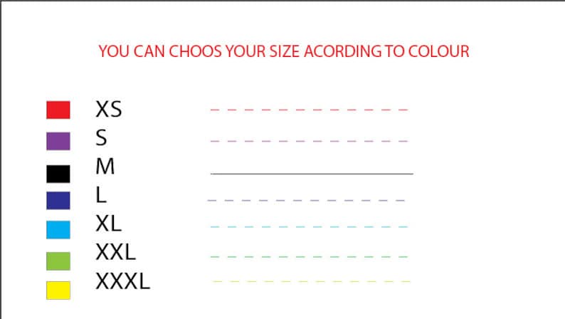Op de afbeelding: Een grafiek die verschillende maten en hun bijbehorende kleuren laat zien. De kleuren zijn rood, paars, zwart, blauw, turquoise, groen en geel. De maten zijn XS, S, M, L, XL, XXL en XXXL.