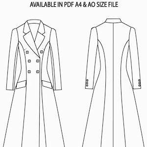 Op de afbeelding: Een zwart-witte lijntekening van een lang jas naaipatroon. Het patroon bevat voor- en achterkant van de jas. De tekst "Garment Pattern Studio" staat bovenaan de afbeelding. De tekst "Sewing Pattern XS to XXXL" staat onder de titel. De tekst "Available in PDF A4 & AO Size File" staat onder de maat informatie.