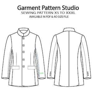 May include: Line drawing of a jacket pattern from Garment Pattern Studio. The front view shows a mandarin collar, button closure, and pockets. The back view is also shown. Text includes "SEWING PATTERN XS TO XXXL" and "AVAILABLE IN PDF & AO SIZE FILE."
