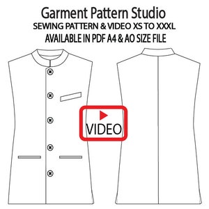 Op de afbeelding: Een lijntekening van een kledingpatroon voor een mouwloos vest met een mandarijnkraag en knoopsluiting. De tekst "VIDEO" staat in een rood kader aan de rechterkant van de afbeelding. De tekst "Garment Pattern Studio" staat bovenaan de afbeelding. De tekst "SEWING PATTERN & VIDEO XS TO XXXL" staat onder de titel. De tekst "AVAILABLE IN PDF A4 & AO SIZE FILE" staat onder de tweede regel tekst.