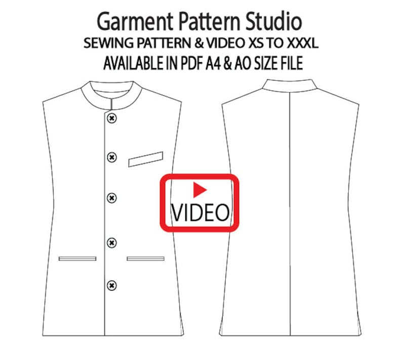 Op de afbeelding: Een lijntekening van een kledingpatroon voor een mouwloos vest met een mandarijnkraag en knoopsluiting. De tekst "VIDEO" staat in een rood kader aan de rechterkant van de afbeelding. De tekst "Garment Pattern Studio" staat bovenaan de afbeelding. De tekst "SEWING PATTERN & VIDEO XS TO XXXL" staat onder de titel. De tekst "AVAILABLE IN PDF A4 & AO SIZE FILE" staat onder de tweede regel tekst.
