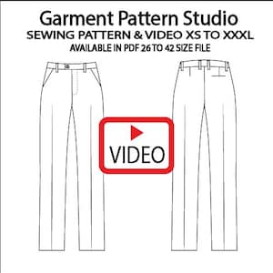 May include: Line drawing of two pairs of pants, one on the left and one on the right. The pants are a simple design with a waistband, fly, and pockets. The text "Garment Pattern Studio" is at the top of the image, and the text "SEWING PATTERN & VIDEO XS TO XXXL" is below that. The text "AVAILABLE IN PDF 26 TO 42 SIZE FILE" is below that. The text "VIDEO" is in a red box with a play button in the center of the image.