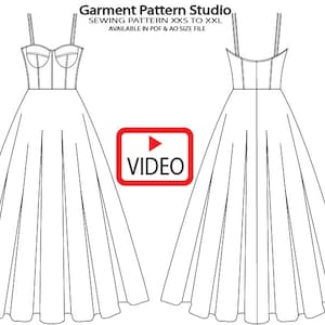 ミディドレスの縫製パターン。全サイズ XS から XXXL まで、A4 および AO サイズの PDF ファイル。
