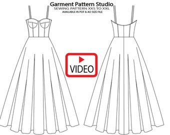 Patron de couture de robe midi corset toutes les tailles, du XXS au XXL Fichier PDF de taille a4 et ao avec didacticiel vidéo.