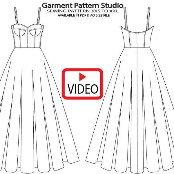 Patron de couture de robe midi corset toutes les tailles, du XXS au XXL Fichier PDF de taille a4 et ao avec didacticiel vidéo.
