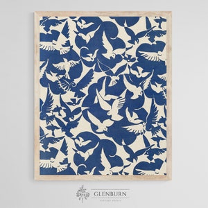 Pintura de pájaros azules y blancos / Arte abstracto de la pared de pájaros / IMPRESIÓN DIGITAL / 476