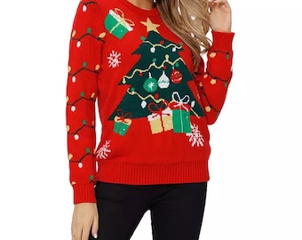 VEKDONE Ugly Christmas Sweater Dresses for Women Xmas Sweatshirt with Pockets Christmas Tree Plaid Long Tunic Tops