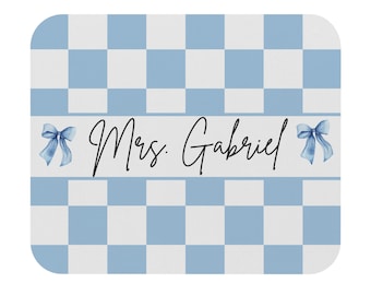 Customized Blue Gingham Nameplate Mouse Pad | Personalized Desk Mat
