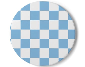 Blue Checkerboard Ceramic Coaster | Round Cork Backed Drink Mat