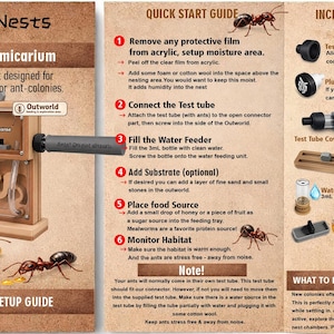 May include: A detailed guide for an ant farm, featuring a wooden formicarium with a nesting area and outworld. The guide includes instructions, components, and a quick start guide. The image also shows ants and a feeding dish.