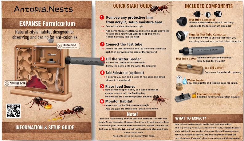 May include: A detailed guide for an ant farm, featuring a wooden formicarium with a nesting area and outworld. The guide includes instructions, components, and a quick start guide. The image also shows ants and a feeding dish.