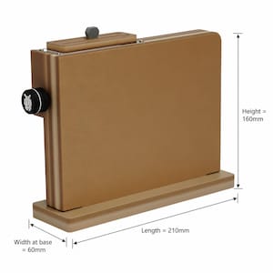 May include: A bronze-colored knife block with a height of 160mm, a base width of 60mm, and a length of 210mm. It features a rectangular design with a small knob on top and a round, black knob on the side. The block is designed to hold knives.