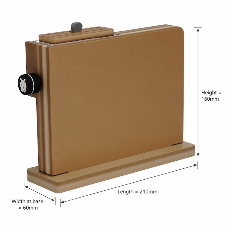 May include: A bronze-colored knife block with a height of 160mm, a base width of 60mm, and a length of 210mm. It features a rectangular design with a small knob on top and a round, black knob on the side. The block is designed to hold knives.