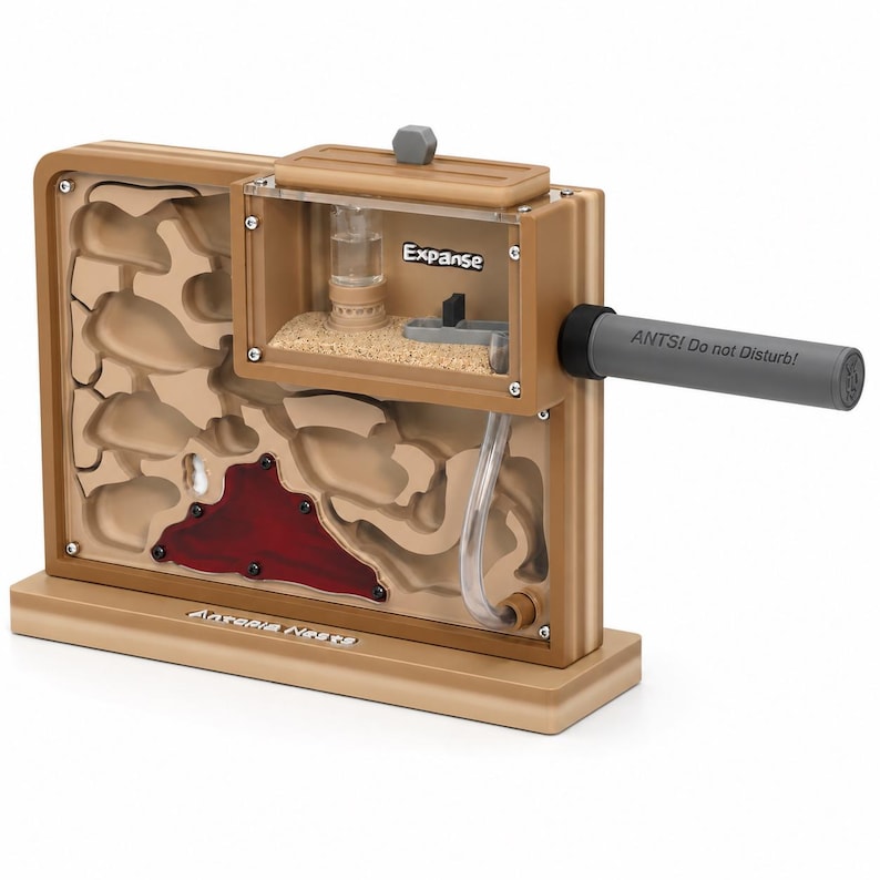 May include: A tan ant farm with a clear viewing chamber labeled "Expanse." The farm has a red section and a tube with the text "ANTS! Do not Disturb!" The base has the text "Antopia Nests."