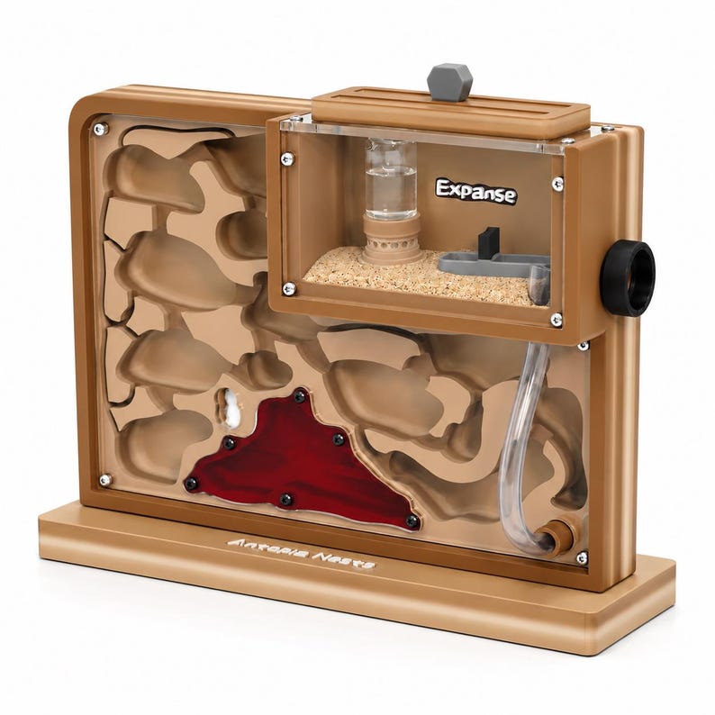 May include: A tan ant farm with a clear viewing window, featuring a sand-filled chamber and a red, gel-like area. The word "Expanse" is printed on the side. The design includes a water reservoir and a tube for access.