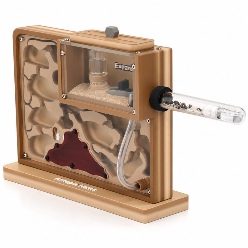 May include: A gold-colored ant farm with a clear viewing area and a connected test tube. The farm has a sand-filled chamber and a red-colored area. The text "Antopia Nests" is visible on the base, and "Expand" is on the clear viewing area.