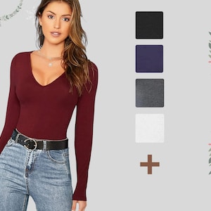 Women's Ladies Long Sleeve V Neck Basic Top Jersey Plain Stretchy Slim Fit Casual Wear T-Shirt Tee Tops Size  UK 8-26 US 4-22