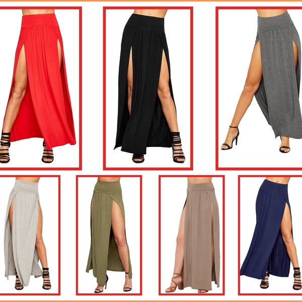 Women Double Split Maxi Long Skirt Ladies Plain Basic Two Side Slit High Waisted Stretchy Summer Party Wear Skirts Size US 4-18 | UK 8-22