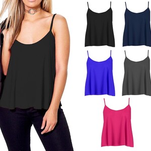 Womens Cami Top Ladies Camisoles Vest Flared Swing Strappy Plus UK