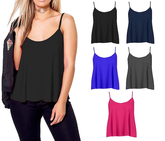Women s New Camisole Cami Strappy Swing Vest Ladies Plain Flared
