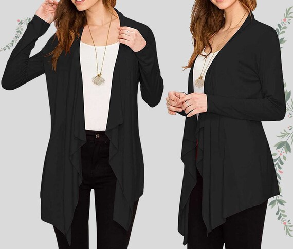 Women Long Sleeve Plain Waterfall Cardigan Ladies Open Front Hanky