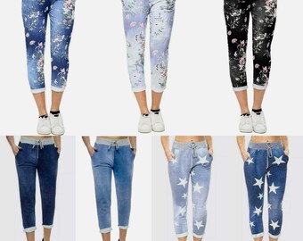 Women's Italian Elastic Waist Printed Jogging Pants Hoop Trouser New Ladies Floral Active Yoga Turn Up Casual Joggers US 4-18 | UK 8-22