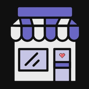 May include: A vector illustration of a shop with a white facade, a blue awning, and a door with a pixelated heart. The shop has a large window with diagonal lines and a black background.