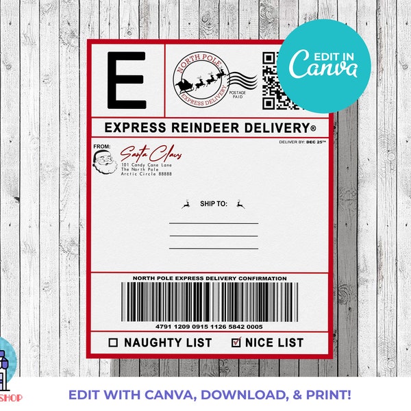 Christmas Santa Shipping Label | North Pole Mail Express | Printable & Editable Template Gift Tag | Christmas Package Template