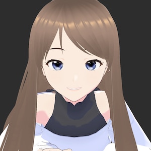 May include: A young woman with long brown hair and blue eyes is smiling at the camera. She is wearing a black top and a white shirt.