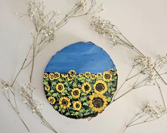 Hand-Painted Sunflower Wood Slice Art, Rustic Farmhouse Kitchen Decor