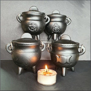 Cast Iron Cauldron with Lid and Handle, Pentagram Cauldron, Triquetra Cauldron, Plain Cauldron, Triple Moon Cauldron, Choose Your Own, ~4"
