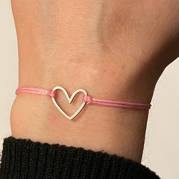 Heart Bracelet, Waxed Cord Bracelet, Stainless Steel Heart Outline, Friendship Bracelet, Minimalist Bracelet, Dainty Bracelet, Adjustable