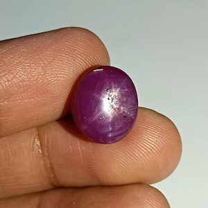 Könnte beinhalten: Ein polierter, ovalförmiger Rubin-Edelstein. Der Edelstein hat eine tiefe, gesättigte rosa-rote Farbe mit Sterneneffekt. Die Oberfläche ist glatt, reflektierend und weist subtile Einschlüsse auf.