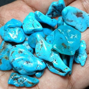 May include: A collection of polished turquoise stones in various shapes and sizes. The stones are a vibrant blue-green color with brown matrix patterns. Some stones have a smooth, rounded appearance, while others are more irregular.