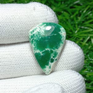 Puede incluir: Una gema en forma de lágrima con un vibrante tono verde, salpicada de patrones blancos y crema. La superficie pulida refleja la luz, resaltando la belleza natural de la piedra. La gema se sostiene en una tela blanca.