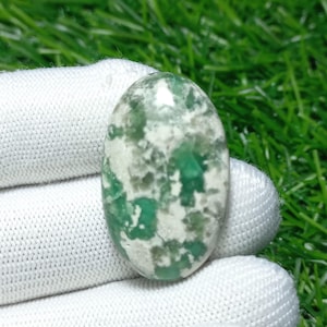 Puede incluir: Una gema ovalada con un patrón moteado de blanco, gris y verde vibrante. La superficie pulida de la piedra refleja la luz, resaltando las variaciones naturales de color y textura. La gema se sostiene en una mano enguantada de blanco.