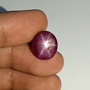 Könnte beinhalten: Ein runder, polierter Rubin-Edelstein mit Sterneneffekt. Der Rubin hat eine tiefrote Farbe mit einem sichtbaren Sechs-Strahl-Sternmuster auf seiner Oberfläche. Der Edelstein wird zwischen Fingern vor weißem Hintergrund gehalten.