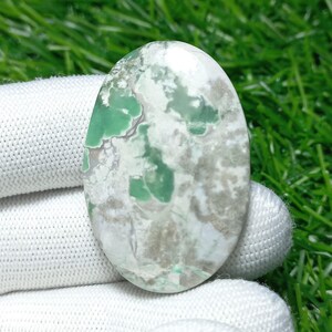 Puede incluir: Gema ovalada con una mezcla de tonos verdes, blancos y grises. La superficie pulida muestra un patrón veteado, con áreas de verde vibrante y tonos más claros. La piedra se presenta sobre un fondo de hierba verde y tela blanca.