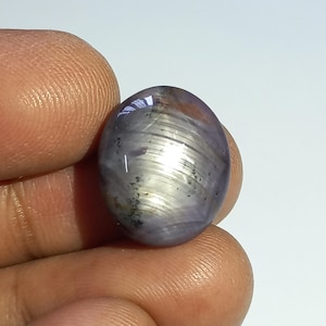 Può includere: Una gemma a cabochon di forma ovale con una superficie liscia e lucida. La pietra mostra un distinto effetto ottico a forma di stella, noto come asterismo, con un riflesso di luce bianca brillante su un corpo di colore grigio-viola.