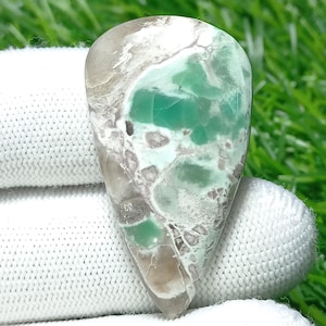 Puede incluir: Una piedra preciosa pulida con forma de lágrima. La piedra presenta una mezcla de colores, incluyendo tonos de verde, marrón y blanco. La superficie tiene un aspecto veteado con patrones y texturas intrincados. La piedra preciosa es sostenida por una mano enguantada.