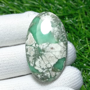 Puede incluir: Una piedra preciosa ovalada con una mezcla de patrones verdes, blancos y grises. La superficie pulida refleja la luz, resaltando las vetas naturales y las variaciones de color. La piedra se sostiene sobre un fondo de tela blanca y hierba verde.