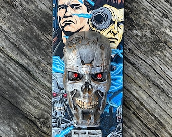 One of One Nemesis Now T-800 Wall Bottle Opener Repainted | Custom Hand-Painted Terminator 2 Solid Pine Background | 24"x5.5x4"