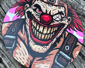 Twisted Metal Sweet Tooth Hand Painted Wood Coaster (6” Round) | Gamer Bar Coaster | Video Game & TV Show Fan Art | Man Cave Decor Gift
