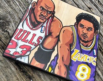 Michael Jordan vs Kobe Bryant Hand Painted Coaster | Bulls vs Lakers | Hand Painted NBA Fan Art | Bulls 23 Lakers 8 | Man Cave Gift