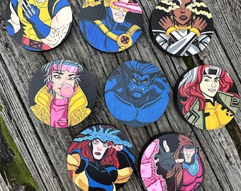 X-Men ’97 Coaster Set (8) | Hand Painted Coasters | 5” Pine Wood | Cyclops Wolverine Rogue Gambit Storm Jubilee Jean Beast | Fan Art Gift