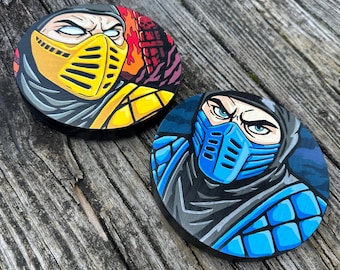 Mortal Kombat Coaster Set (2) | Scorpion & Sub-Zero | Hand Painted 6” Wood Coasters | Gamer Gift | Mortal Kombat Fan Art