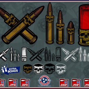Puede incluir: Un conjunto de archivos de diseño digital para un diseño de bala con calavera y huesos cruzados. El diseño presenta un par de balas cruzadas con detalles de calavera, balas individuales con detalles de calavera y una sola bala con un detalle de calavera. El diseño está disponible en los formatos SVG, JPG, EPS, DXF, PDF y PNG.