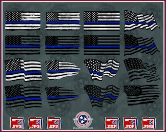 May include: A set of 12 digital cut files featuring distressed American flag designs with a thin blue line. The files are available in SVG, JPG, EPS, DXF, PDF, and PNG formats.