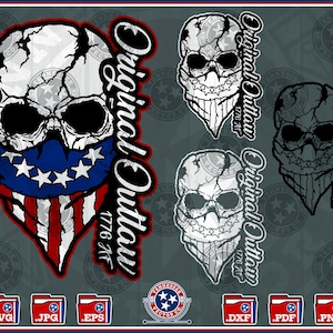 Puede incluir: Un diseño gráfico que presenta una calavera con un pañuelo con un campo azul de estrellas y rayas rojas y blancas. Las palabras "Original Outlaw 1776 AF" están escritas en una fuente estilizada. También hay diseños de calaveras adicionales e iconos de tipo de archivo.