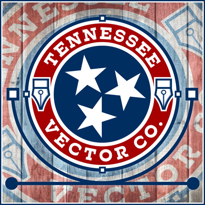 May include: A red, white, and blue circle with the words "Tennessee Vector Co." around the outside. Inside the circle are three white stars on a blue background.
